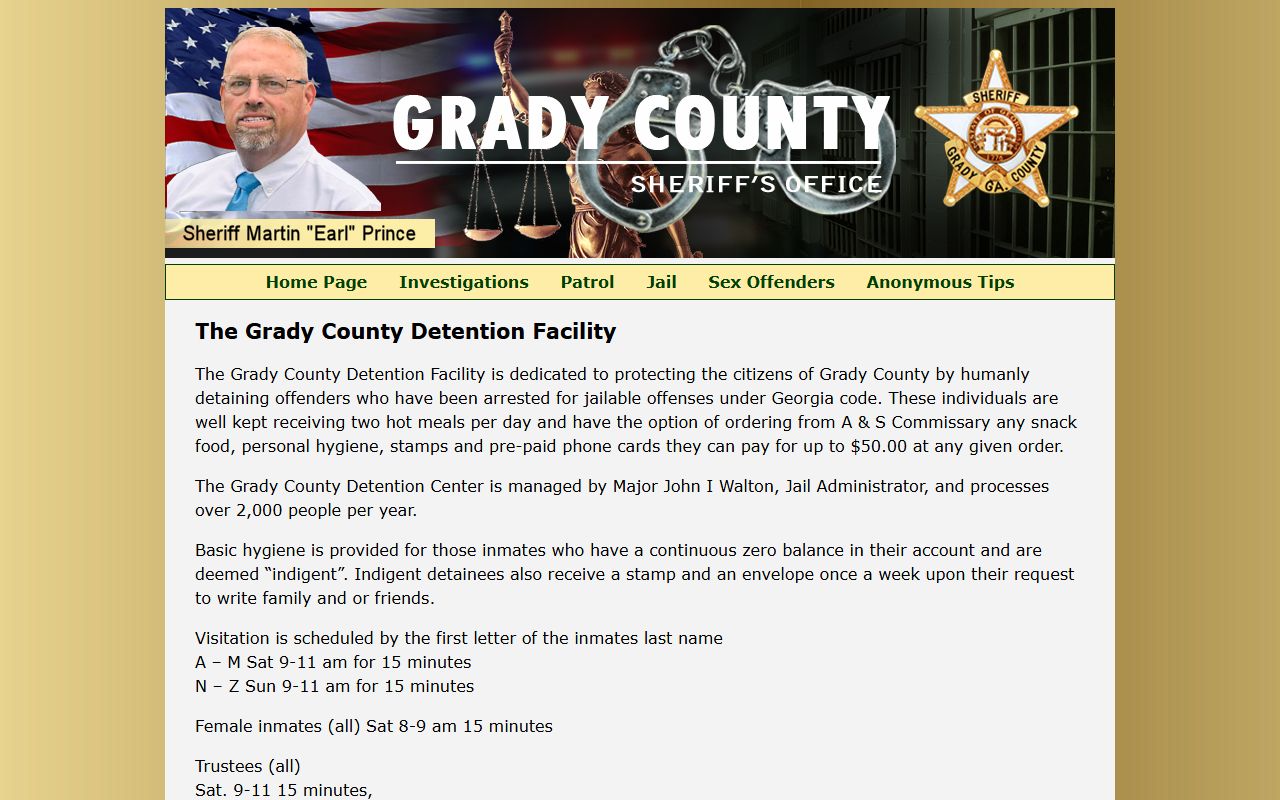Grady County inmate population jail page with visitation and commissary details